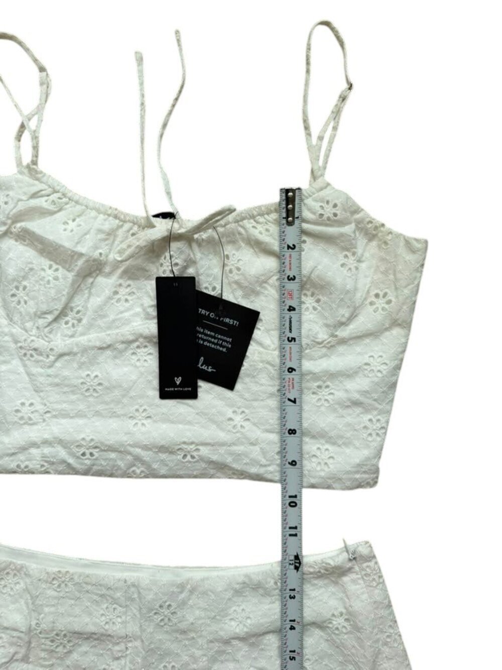 Lulus Eyelet Cotton 2 Piece Set Womens L White Crop Top Mini Skirt NWT Summer - Picture 8 of 9